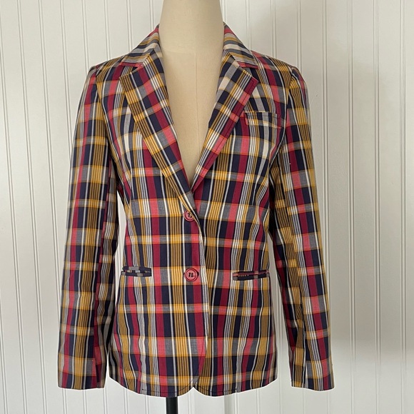Vintage Jackets & Blazers - Vintage Plaid Oversized Blazer Light Jacket Red White Blue Yellow Preppy Size 8